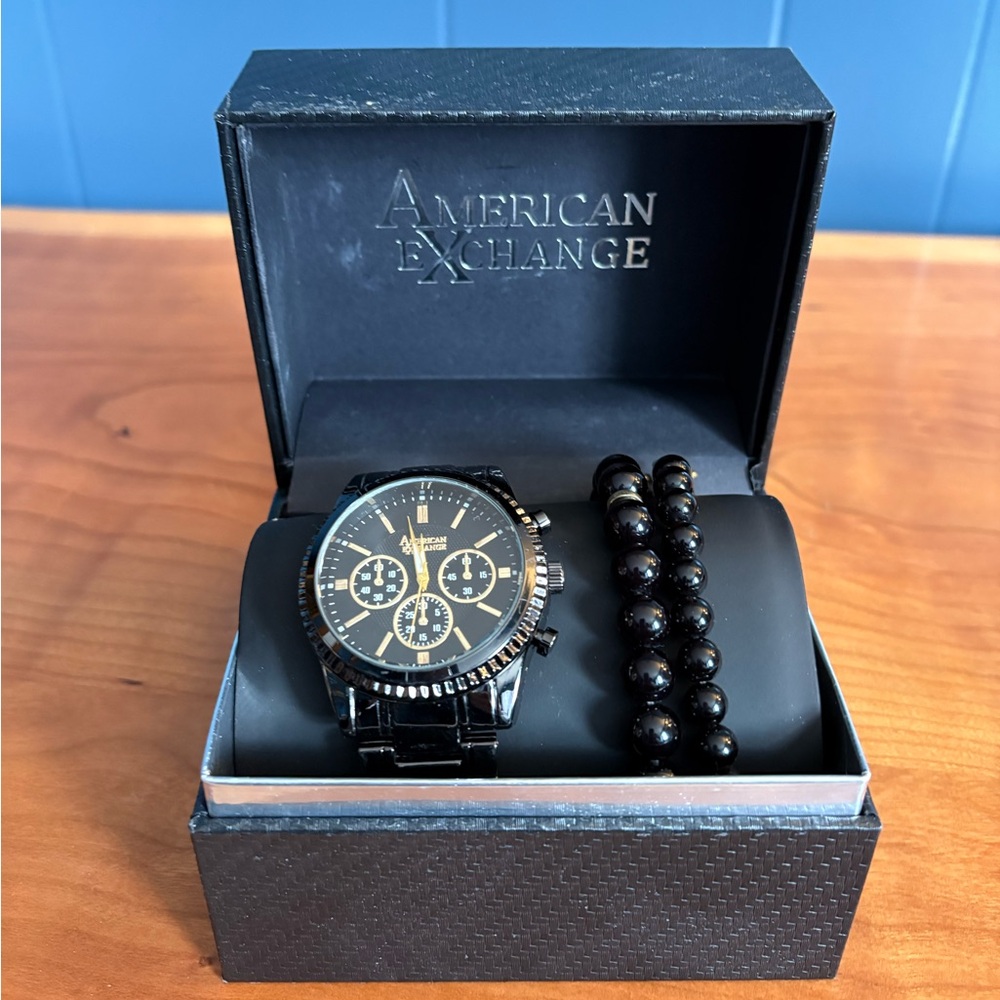 American Exchange Black and Gold Men's Chronograph Watch with Beaded Bracelet